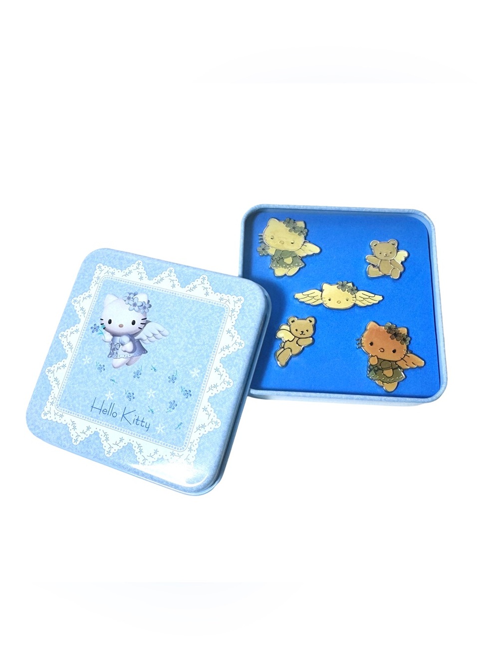 Hello Kitty Blue Angel Enamel Pin Set in Decorative Tin Vintage Sanrio 2000 Y2K